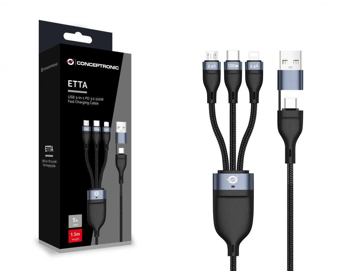 Conceptronic ETTA06B15 USB 3-in-1 PD3.0 100W Ladekabel 1.5m
