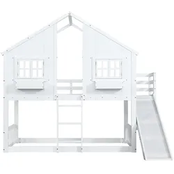 MODFU Etagenbett Kiefernholz & MDF Weiß/Natur mit Rutsche, Dach und Fenster, Liegefläche 90x200 cm