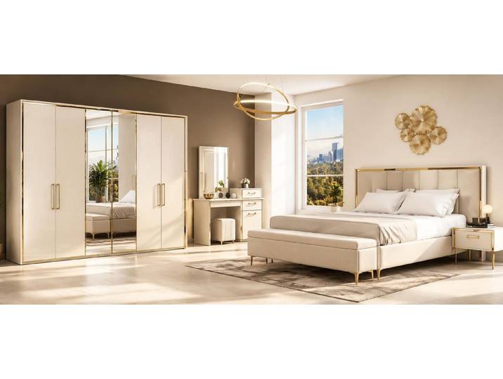 JVmoebel Schlafzimmer-Set Beiges Schlafzimmer-Set Bettrahmen Kleiderschrank Schminktisch, (Schlafzimmer-Set, 4-tlg., 4-tlg)
