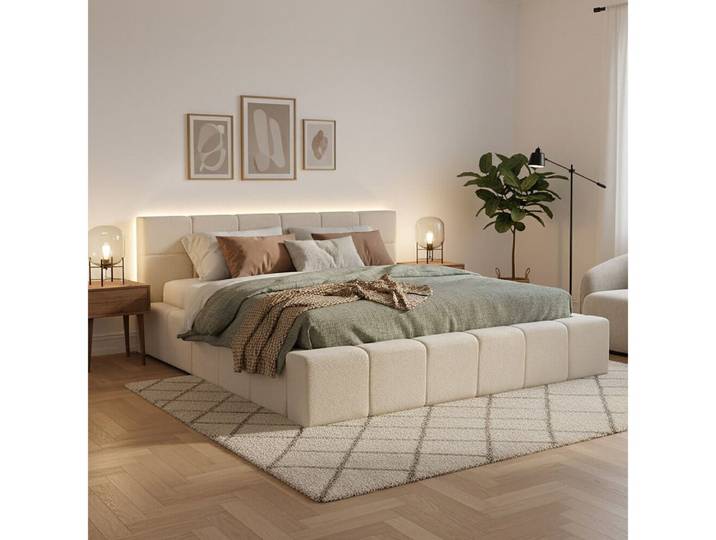 HOME DELUXE Stauraumbett Familienbett - 200 x 200 cm, LED-Beleuchtung, gepolstertes Kopfteil, Teddy Boucle Stoff Bett