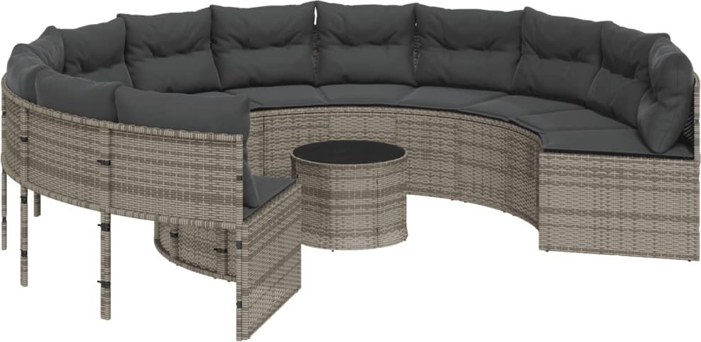 vidaXL Gartensofa mit Tisch und Kissen Rund Grau Poly Rattan