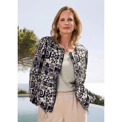 Kurzjacke GOLDNER "Kurzgröße Satinjacke mit Aztekenmuster", Damen, Gr. 22, schwarz (stein, schwarz, gemustert), Obermaterial: 100% Viskose CV., Jacken Kurzjacke, Kordelzug am Saumabschluss