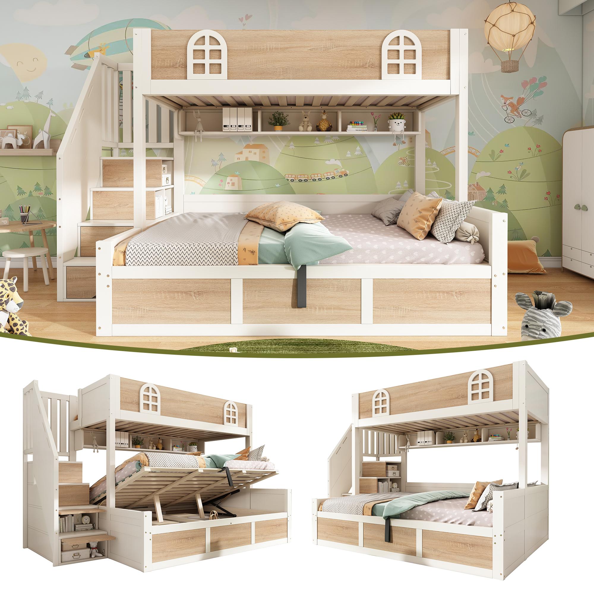 Etagenbett Kinderbett 90x200 & 140x200, Holz, hydr. Stauraum, Treppenschrank, Lattenroste, Rausfallschutz, o. Mat.. Natur, Weiß