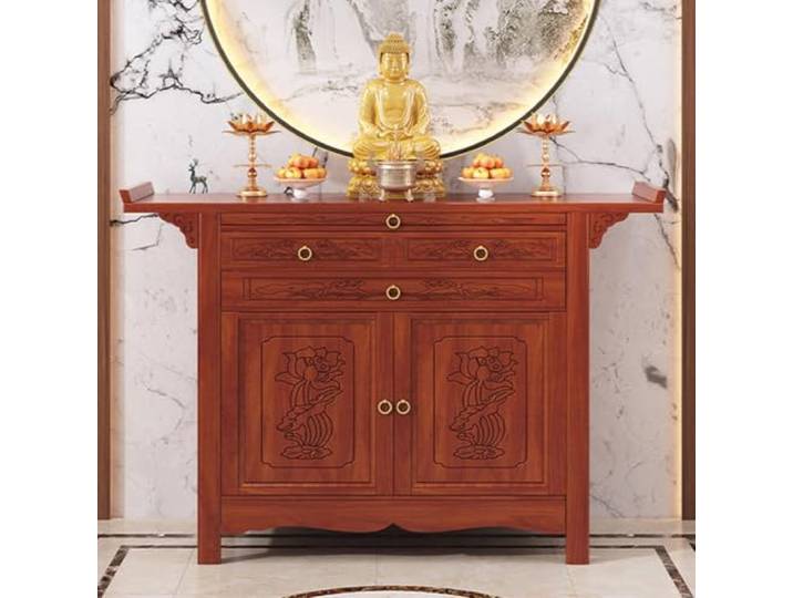 Opfertisch aus Massivholz mit Schubladen und Schrank, buddhistisch Detaillierte Lotus‑Schnitzereien, praktischer Stauraum sowie hochgezogene Tischränder für Statuen und Opfergaben