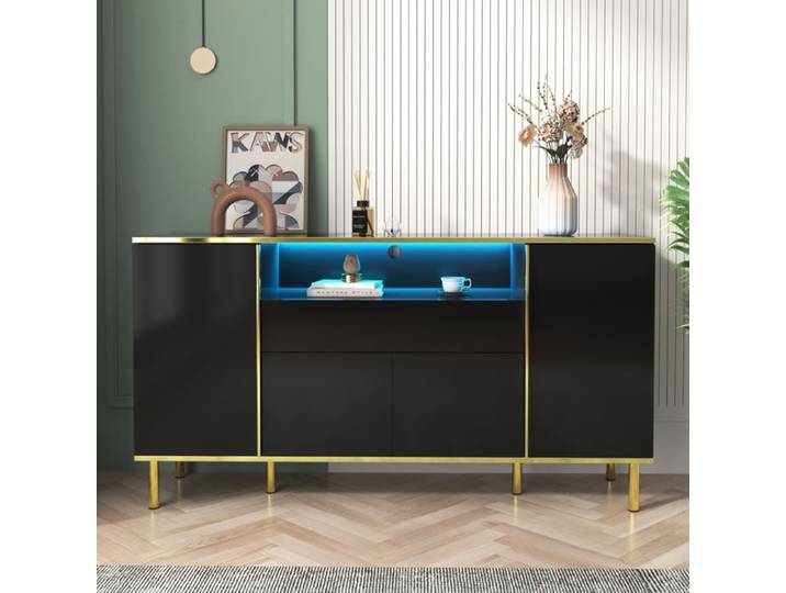 Buffet Moderne - Buffet Bas avec LED - Buffet de cuisine 4 Portes et 1 Tiroir - Noir Brillant - 150x40x80 cm - Meuble de rangement