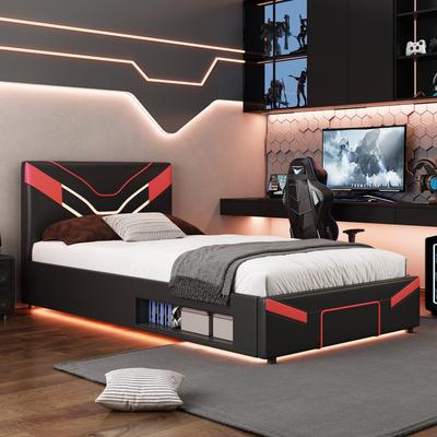 GREATPLANINC Twin Size Platform Bed Gaming Bed with LED Lights Storage Shelf 2 Steel Drawers
