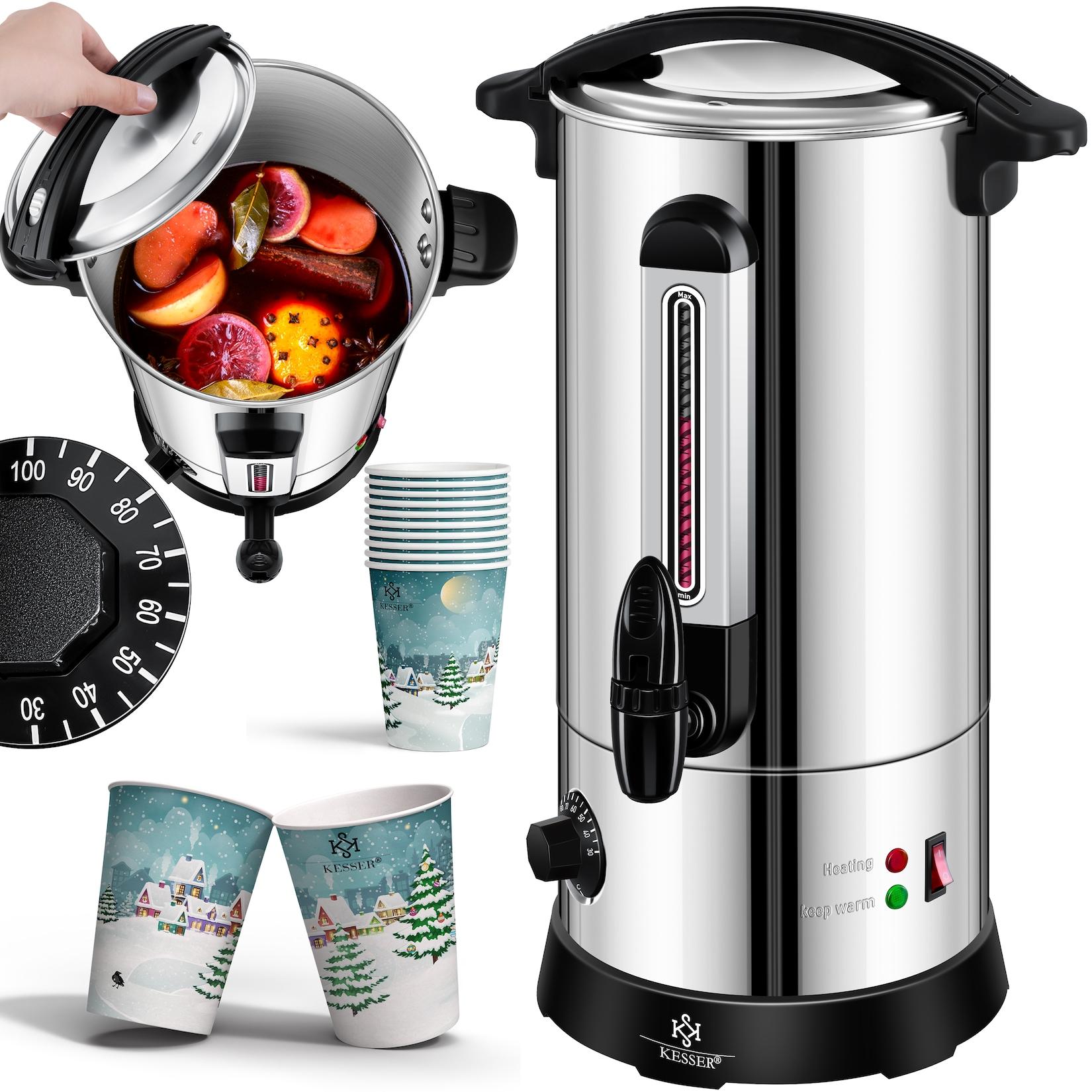 KESSER® Glühweinkessel 10L Edelstahl Inkl. 10x Becher Glühweinkocher mit Thermostat Glühweinautomat Heißgetränkeautomat Wasserkocher Heißwasserspender Einkochautomat Füllstandanzeige Zapfhahn