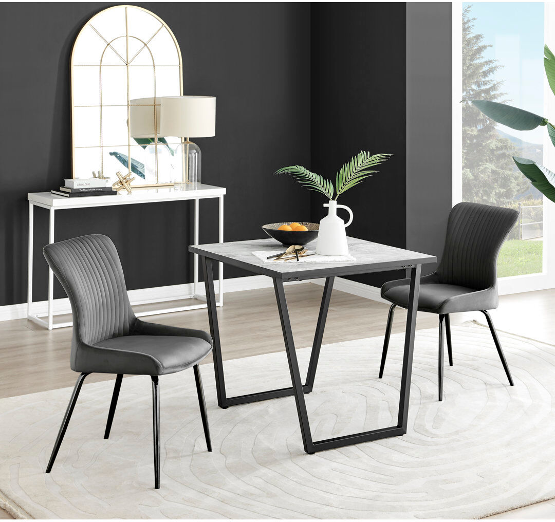 Canora Grey Industrial Design White & Grey Marble Effect Melamine Dining Table and 2 Velvet Dining Chairs Dark Grey/Black 2