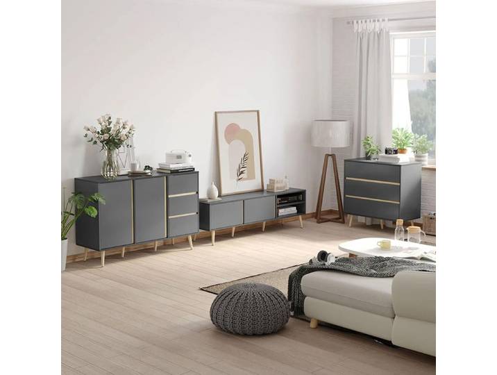 Buffet Bas scandinave 2 portes 3 tiroirs Gris anthracite 120x40x80 cm