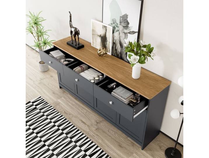Sideboard 160 cm avec étagères réglables MDF noir + gris FloraGrace