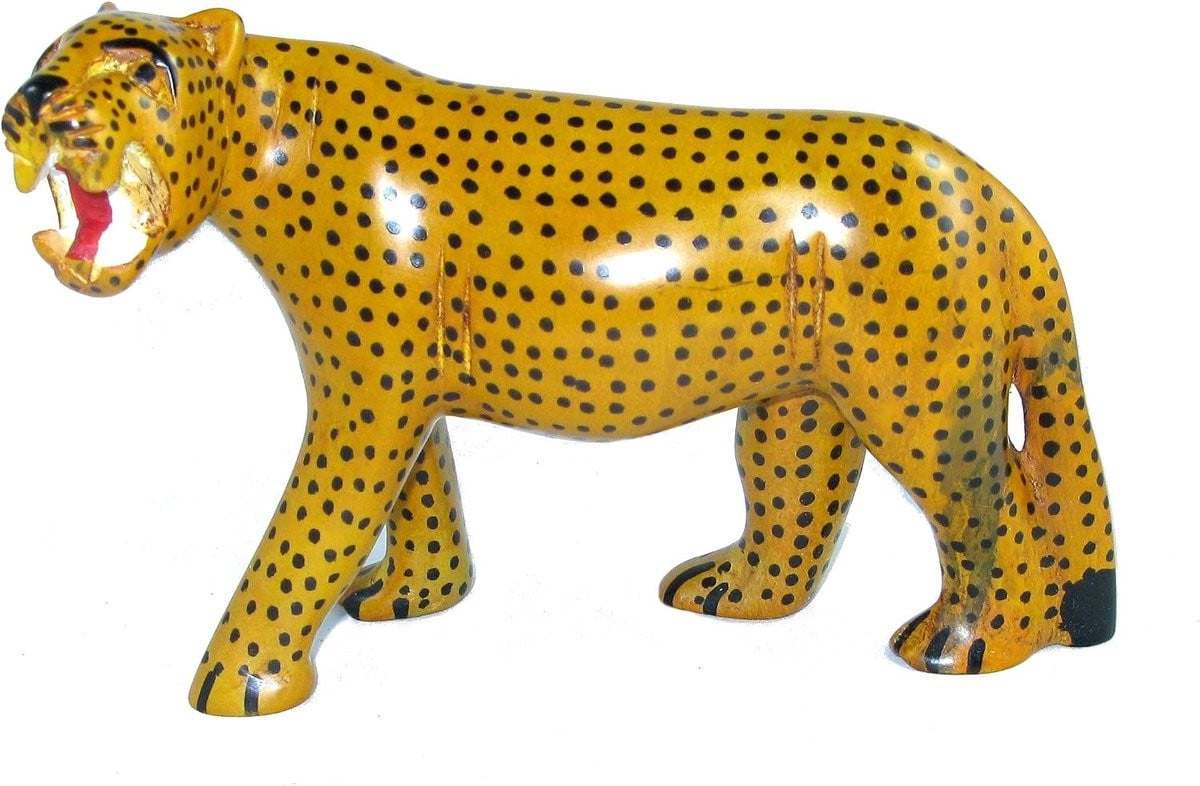 Handgemaakt Afrikaans Luipaard Sculptuur - Geel Beeld voor Woonkamer Decoratie - Hoogte: 20 cm