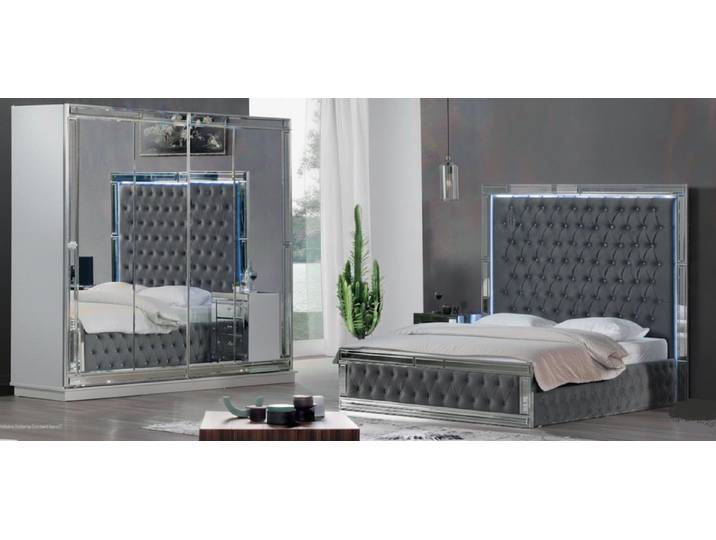 JVmoebel Komplettschlafzimmer Graues Schlafzimmer Set Polsterbett Designer Kleiderschrank 2tlg, (2-tlg), Made in Europa