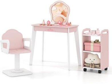 Costway Wooden Kids Hair Salon Play Set with LED Lighted Mirror-Pink