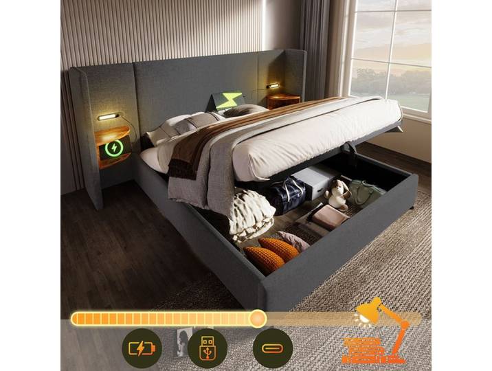Lit coffre rembourré - 180x200 - Tête de lit multifonctionnelle - Ports USB/Type‑C - Coffre hydraulique