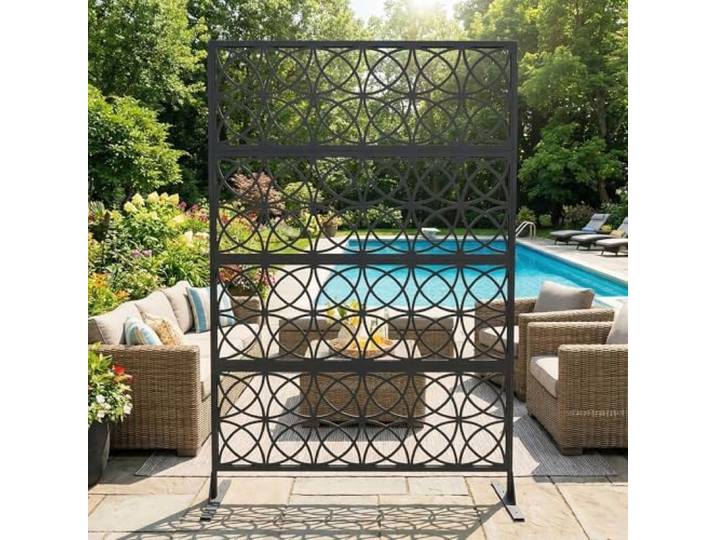 Sichtschutz Metall, Freistehender Paravent 180x120 cm, Wetterfester Sichtschutz Für Garten Terrasse Balkon Outdoor Deko, Raumteiler Mit Ständer, Verzinkter Stahl, Kupfermünzen Schwarz