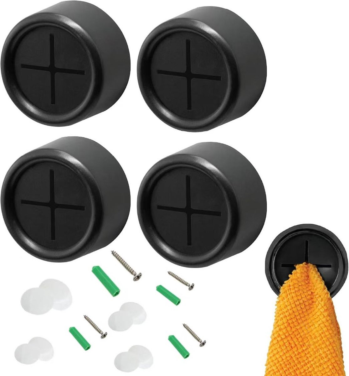 Daity Ronde zelfklevende push-pull handdoekhaken voor keuken en badkamer, matzwart, 4-pack