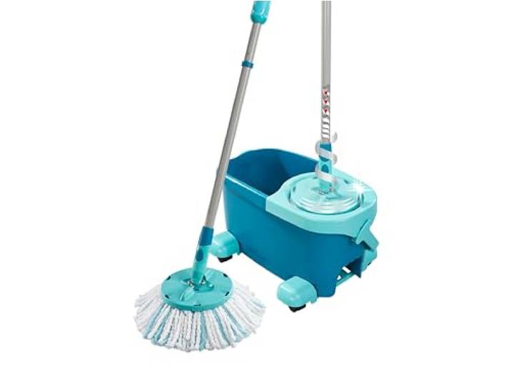 Leifheit Wischmop Set CLEAN Twist Disc Mop Ergo Mobil, Drill-Stiel-Mechanik Bodenwischer inkl. 6 l Eimer mit Schleudersieb, 109-140 cm Stiel, 360°-Kardangelenk, Rollwagen, waschbarer Mikrofaser Bezug