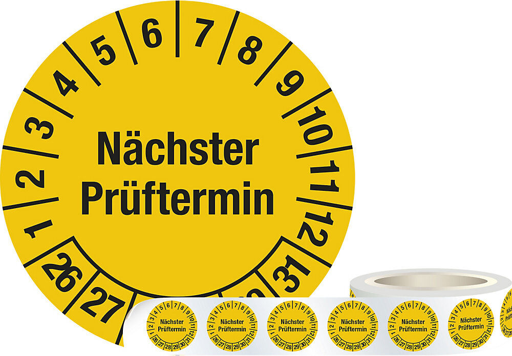 kaiserkraft Prüfplakette (Nächster Prüftermin), Folie, Ø 30 mm, 1 Rolle mit 1000 Stück, 26 - 31, gelb
