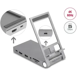 DeLOCK Tablet und Notebook Dockingstation 4K mit integrierter Halterung - HDMI / USB / Hub / SD / Micro SD / PD 3.0 - klappbar