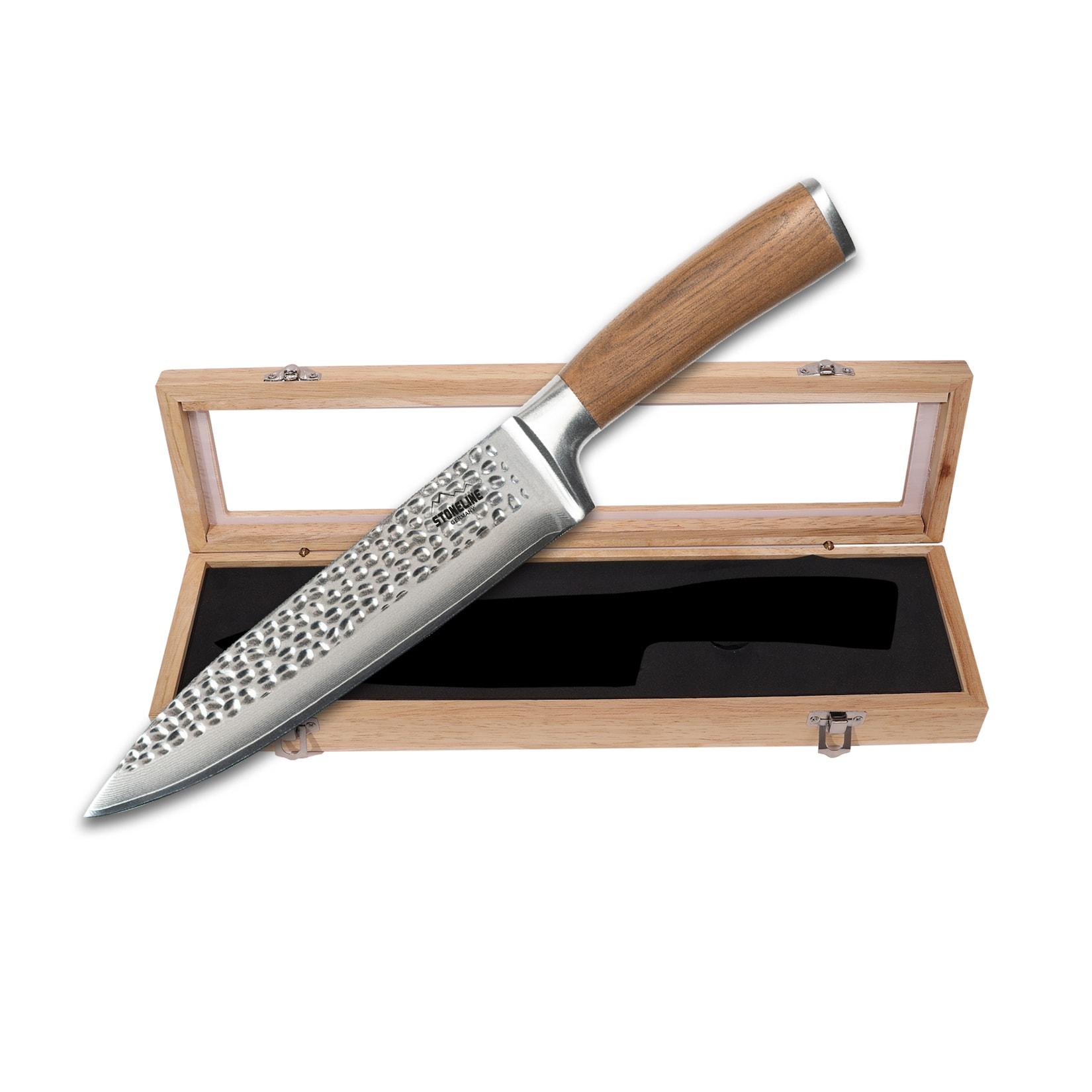 STONELINE Hammerschlag Damastmesser Kochmesser extrem scharfe 20 cm Klinge aus 67 Lagen, Damast Profi Kochmesser mit Hammerschlag & Nussbaumgriff