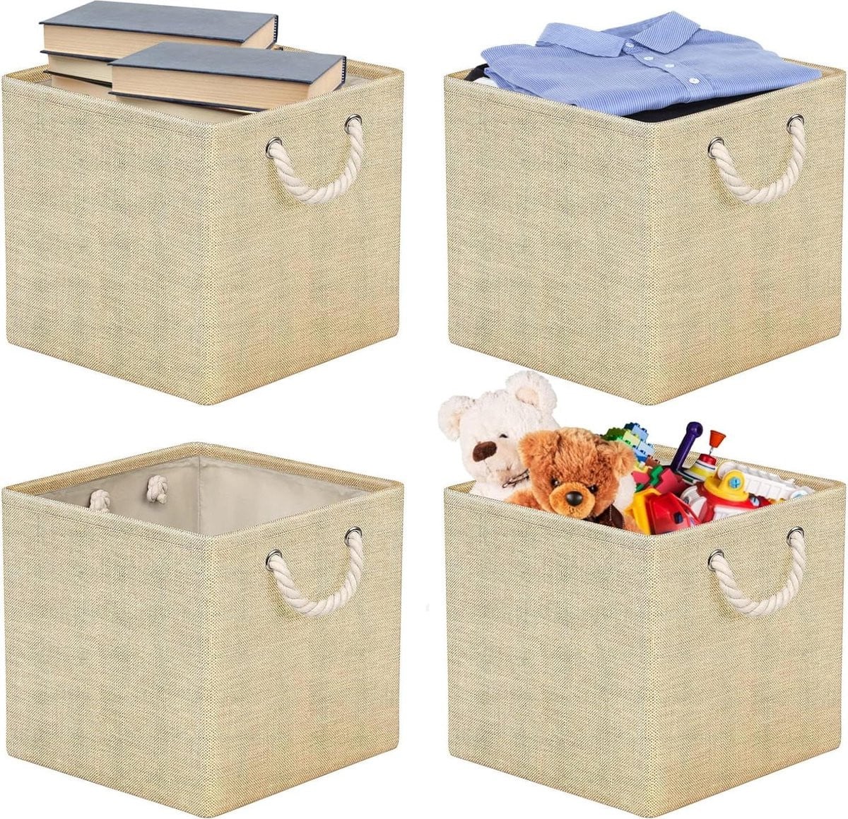 IKEA Wicker Storage Basket set van 4 stuks, opvouwbare stoffen opbergdozen met handvatten, beige, 30 x 30 cm