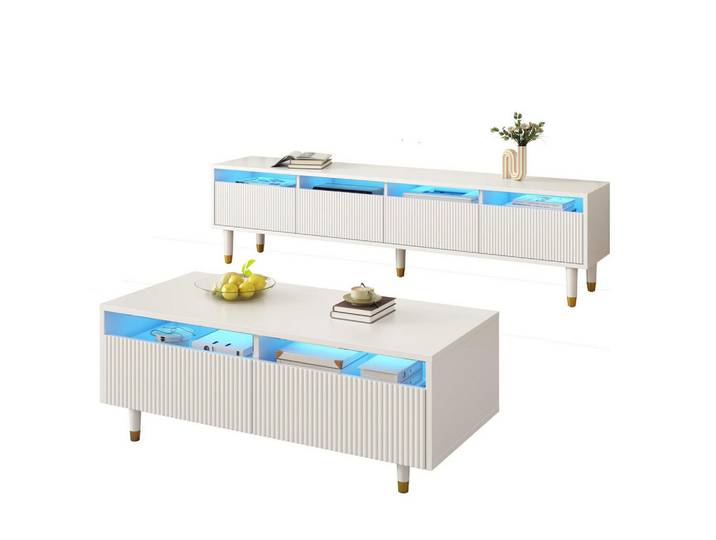 Okwish Tv-Element mit Couchtisch - Kombination 2er-Set viertüriger Weiß-Gold mit LED-Beleuchtung, 178x45x35 cm, Wohnzimmer, TV Möbel, Lowboards, Lowboards stehend