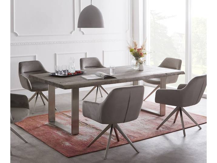 Esstisch Edge 200x100 XL Akazie Platin Edelstahl Schmal Live-Edge, Esstische, Baumkantenmöbel, Massivholzmöbel, Massivholz