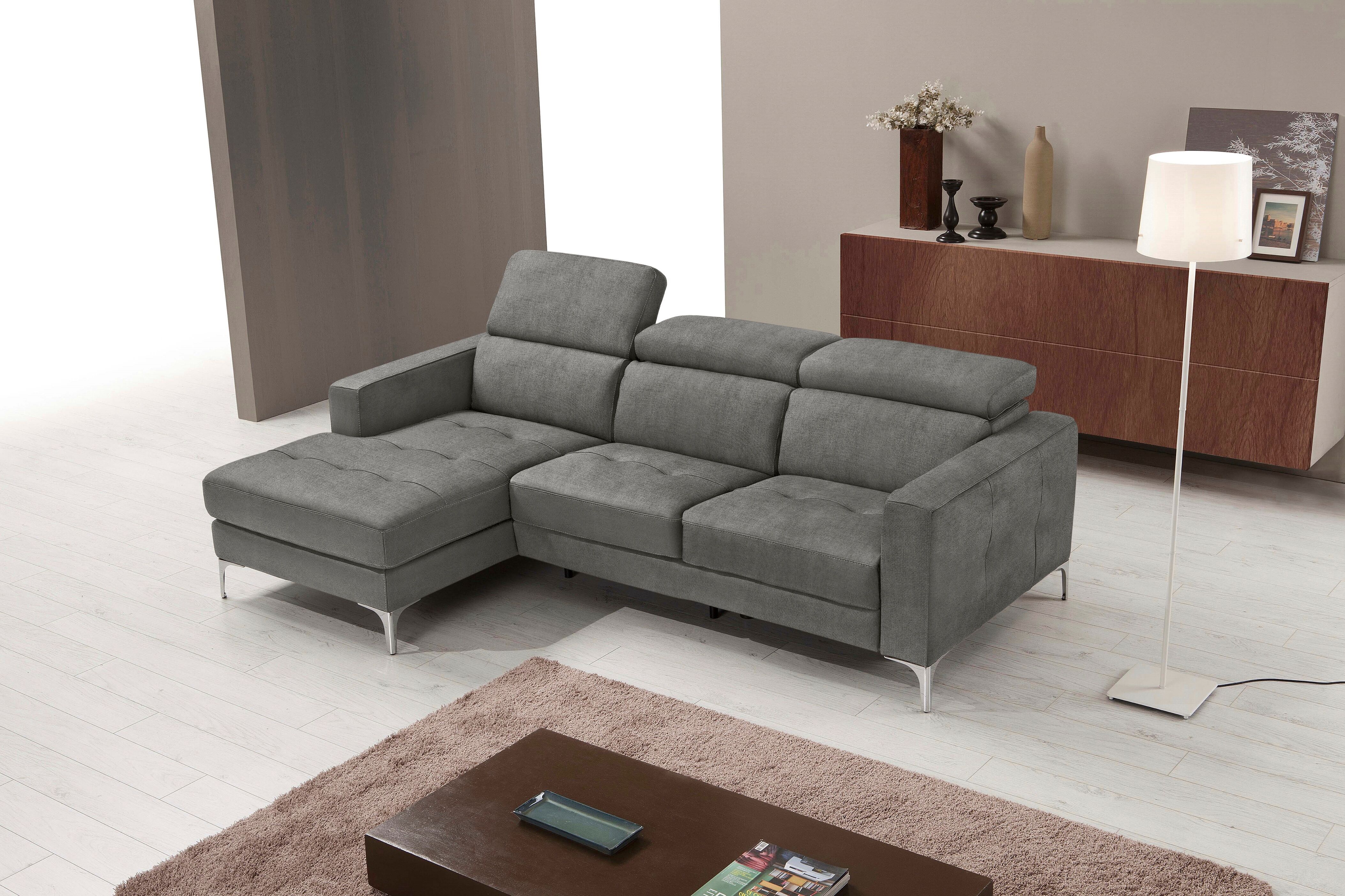 Ecksofa EGOITALIANO "Matt, erstklassiger Sitzkomfort, aufwendige Detailverarbeitung, L-Form", grau (steingrau), B:247cm H:100cm, Luxus-Micofaser Lederoptik (100% Polyester) ist ein neues technisches Gewebe mit einem visuellen und taktilen Aspekt, der dem 