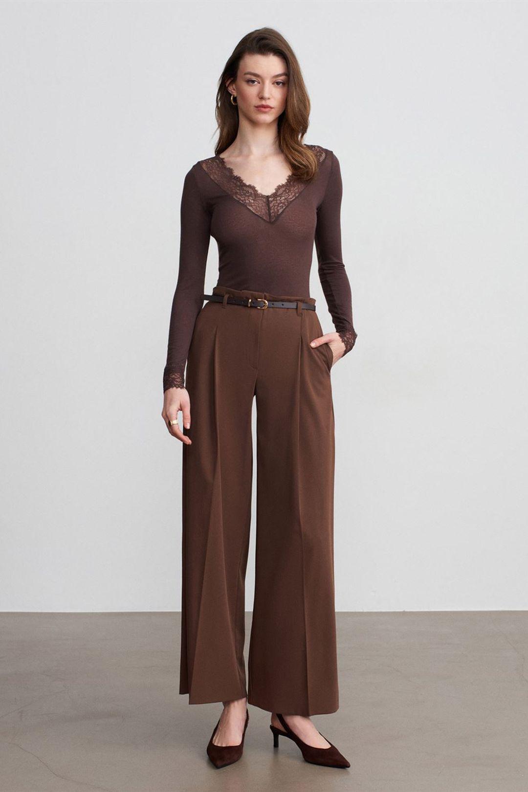Vrouwen Riem Taille Wijde Pijpen Crepe Broek