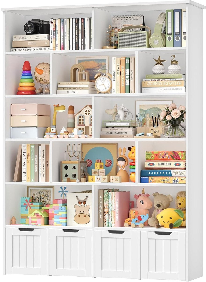 Wit Kinder Opbergrek met Laden op Wieltjes - Speelgoedkast en Boekenkast - Breedte: 125 cm