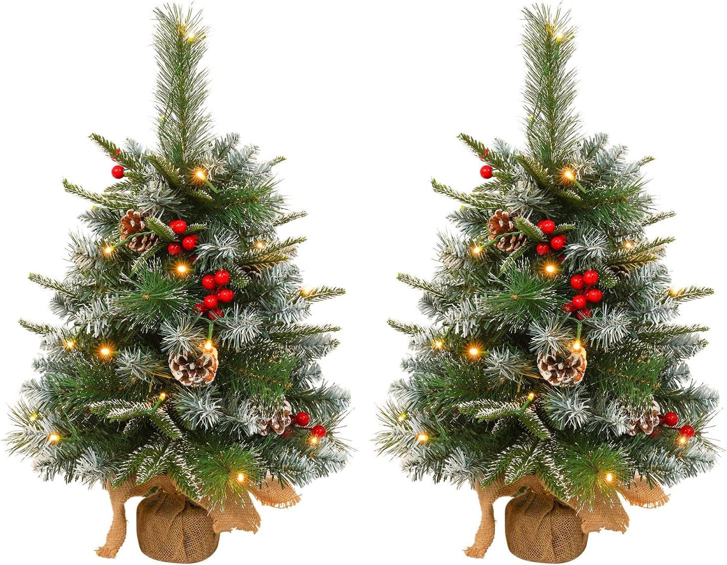 LILIIN Set van 2 mini kunstkerstbomen met LED-verlichting, 60 cm