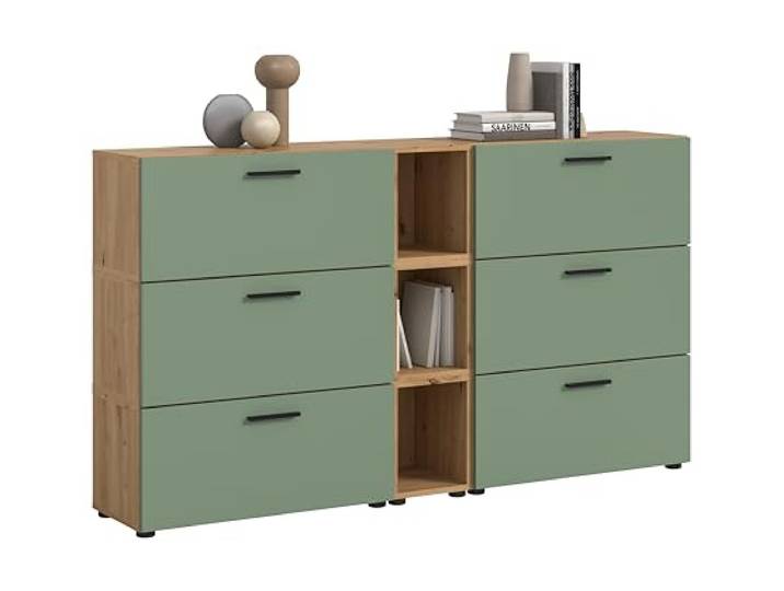xonox.home – Wohnkombination The One 176x99x34 cm in Artisan Oak und Smoke Green – Stauraum-Set mit 6 Klappen – 15 Fächer ermöglichen Ordnung mit einem Hauch von Farbe & natürlicher Eiche