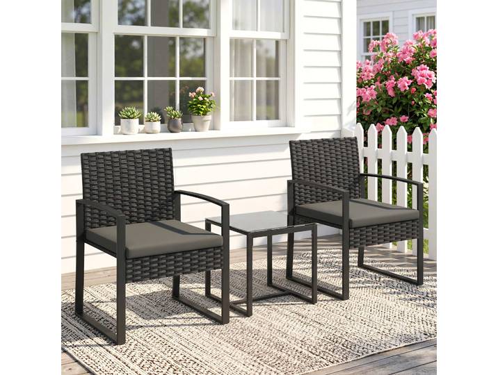 Outsunny Set Bistro Rotin 3 Pièces avec Coussins Gris Foncé