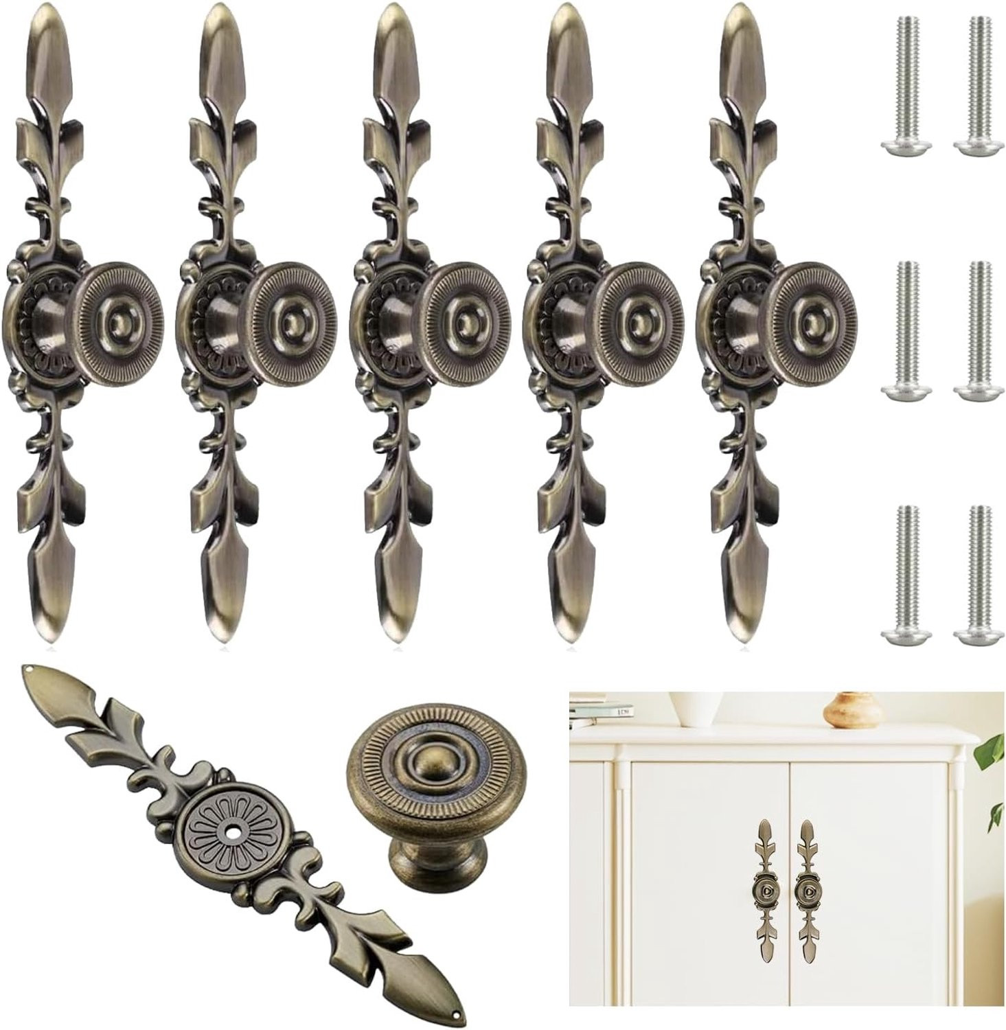 Set van 6 Vintage Kastknoppen - Bronzen Ladehandgrepen