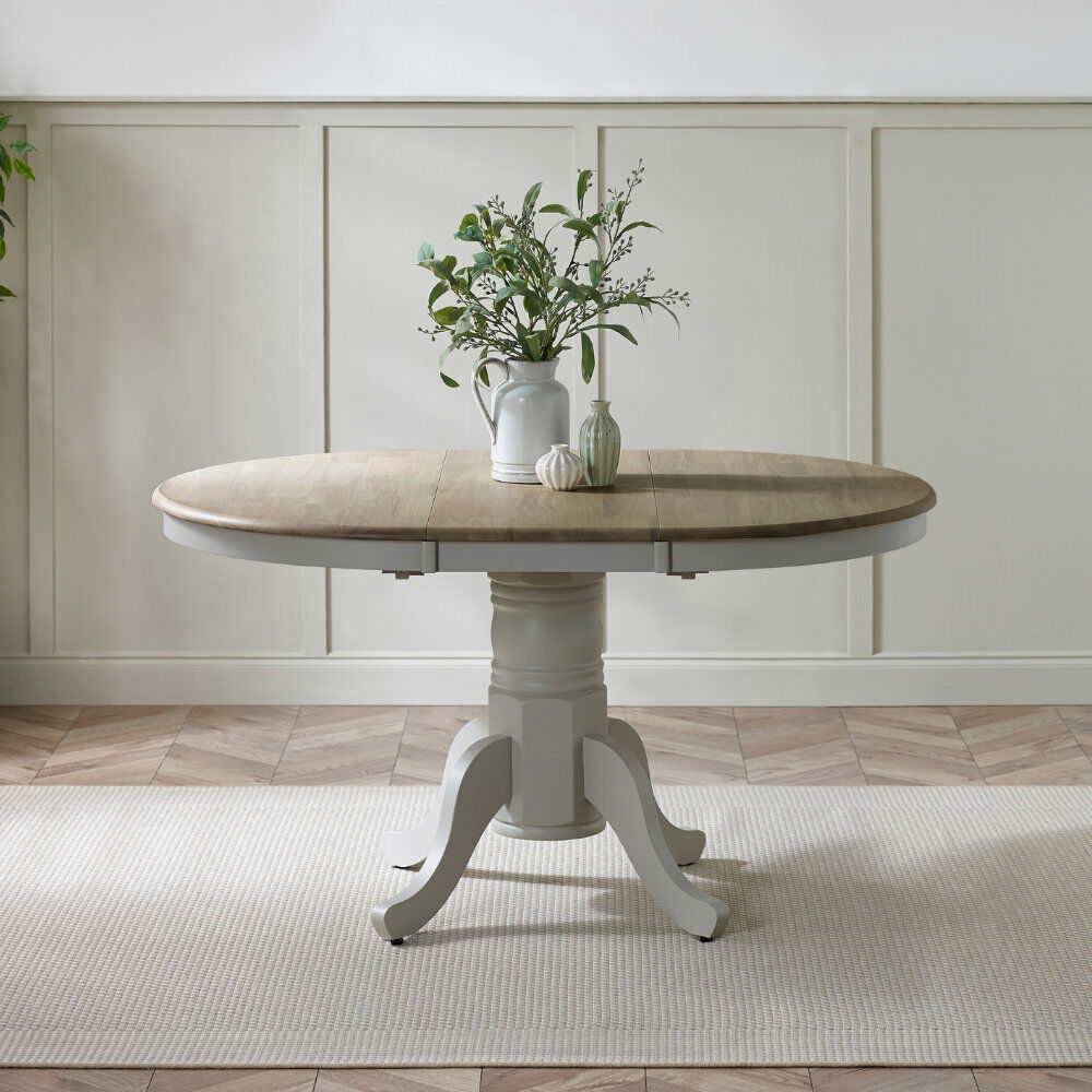 August Grove Prestow Extending Round Dining Table In Solid Wood - Traditional Rustic Farmhouse Kitchen White/Grey
