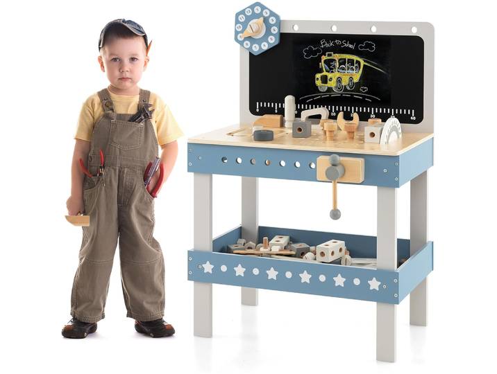 Établi en bois pour enfants, banc à outils avec planche, horloge et 61 accessoires, établi pour jouets