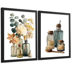 POSTER 2er-Set dekorative Badezimmer-Poster, minimalistische Wandbilder moderne Dekoration mit Blumen und Flaschen Schwarzer Rahmen A4