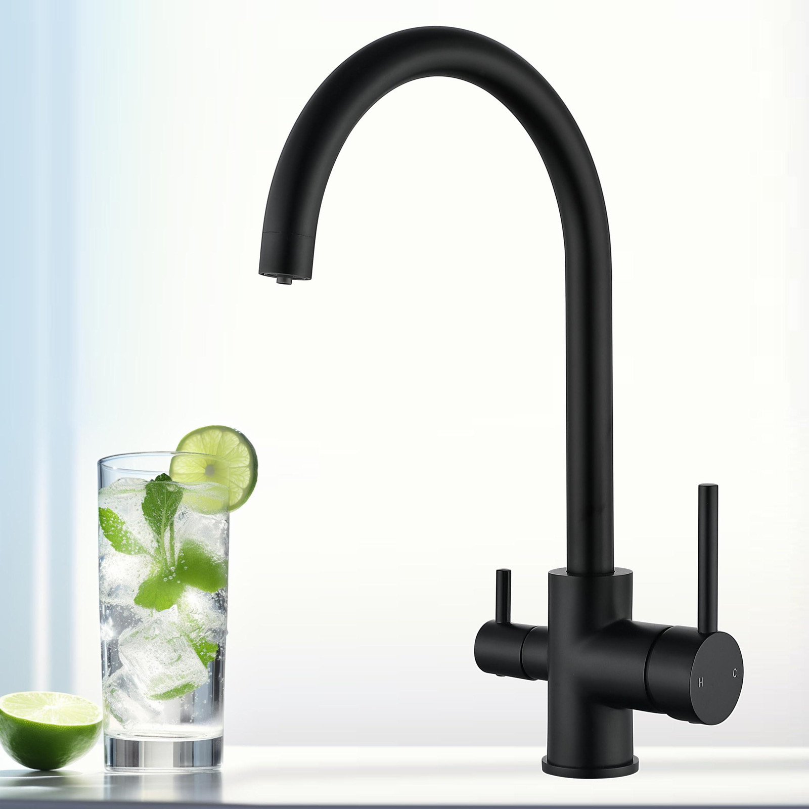 Dripio Drie-weg waterfilterkraan 3-in-1 keukenkraan met draaibare uitloop en waterbesparende functie, zwart