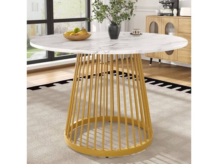 Table à manger ronde Logidon 80x80 cm marbre blanc pieds dorés