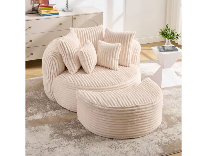 HOMVRA Fauteuil de relaxation rond en chenille beige avec pouf 5 coussins sans pieds