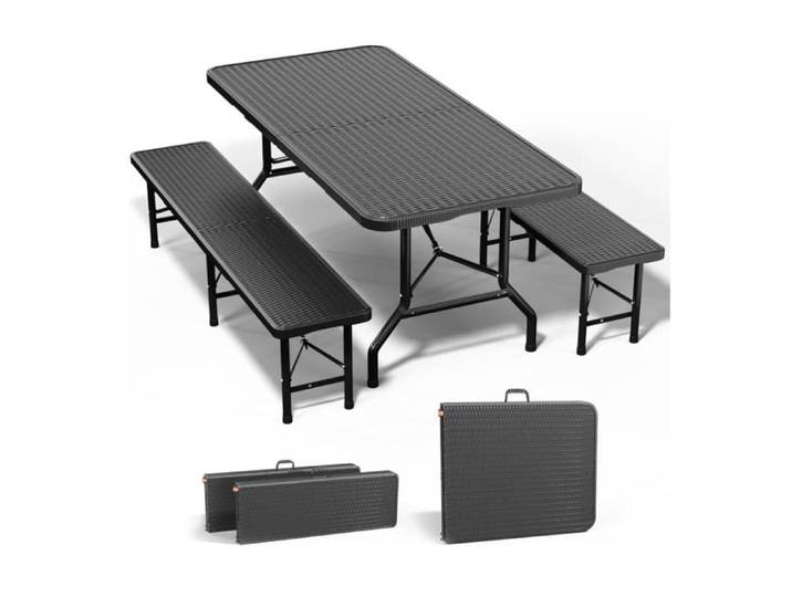 Table de Jardin Pliante 3 Pièces (2 Bancs Pliables + 1 Table Pliante). Aspect Rotin Robuste et Durable Chaque Banc Supporte 300 kg