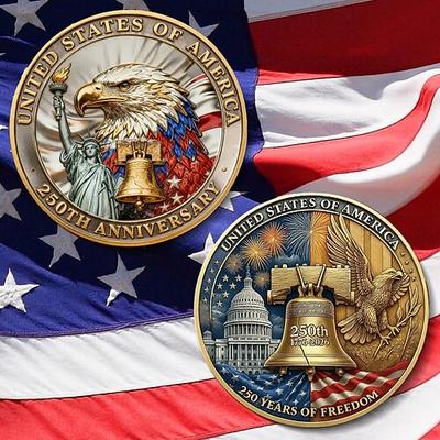 Adler Freiheit Amerika 250. Jubiläums Gedenkmünze – patriotische Sammlermünze goldene Freiheitsglocke Flaggen Design langlebiges Metall zur Darstellung Semiquincentennial