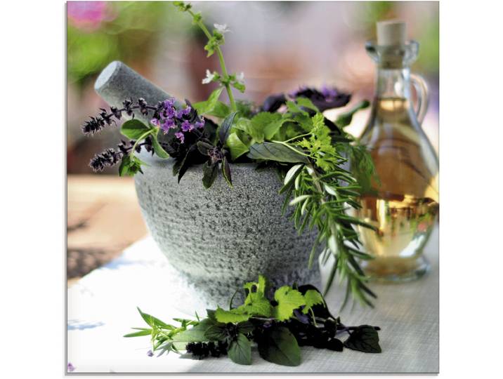 Glasbild ARTLAND Gesunder Kräutermix im Mörser , braun (farbe bild(er): braun), B:20cm H:20cm, Bilder, Glasbild, in verschiedenen Grössen