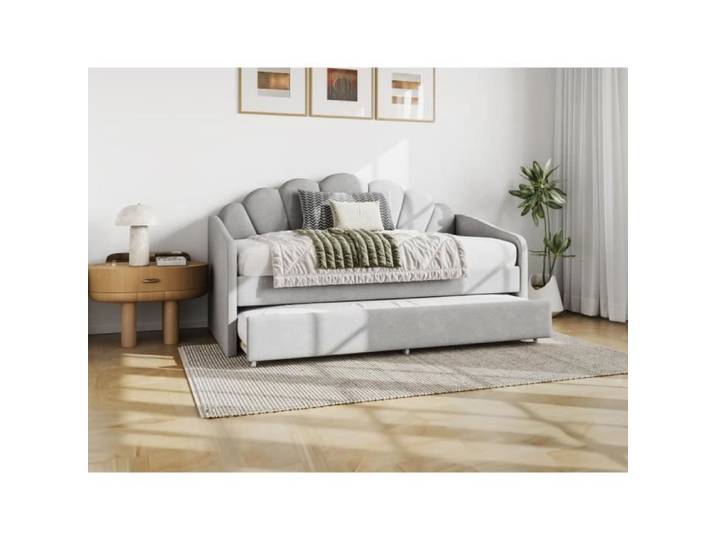 Lit gigogne coquillage 2 x 90 x 190 cm - Velours - Gris clair + Matelas - ELUSIA
