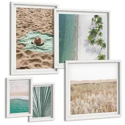 BILDER SET 5er Set - 50x50 cm & 20x30 cm & 40x60 cm Weißer Rahmen - Urlaubsblick Strand Meer