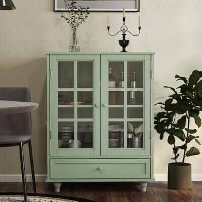 GDFStudio - Lillian Modern Wood Buffet Sideboard Cabinet with Adjustable Shelves, Tempered Glass Doors & Solid Wood Legs