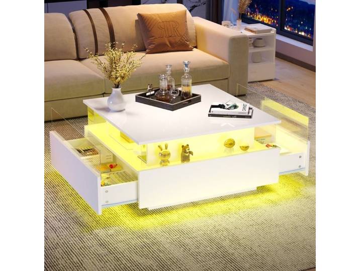 Table basse carrée LED - 70x70x41cm - Design laqué blanc brillant avec 2 tiroirs et vitrine acrylique - Blanc