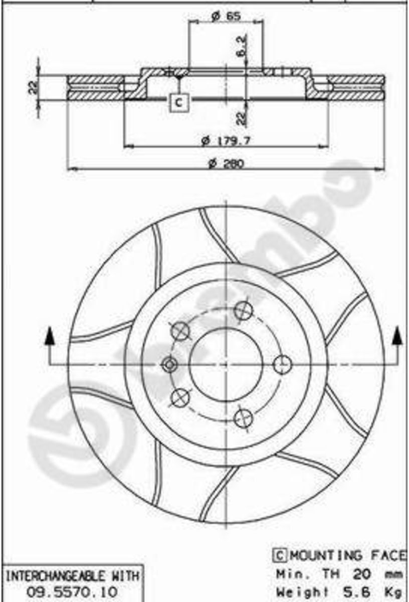 Bremsscheibe BREMBO 09.5570.75, vorne, geschlitzt, belüftet, 1 Stück