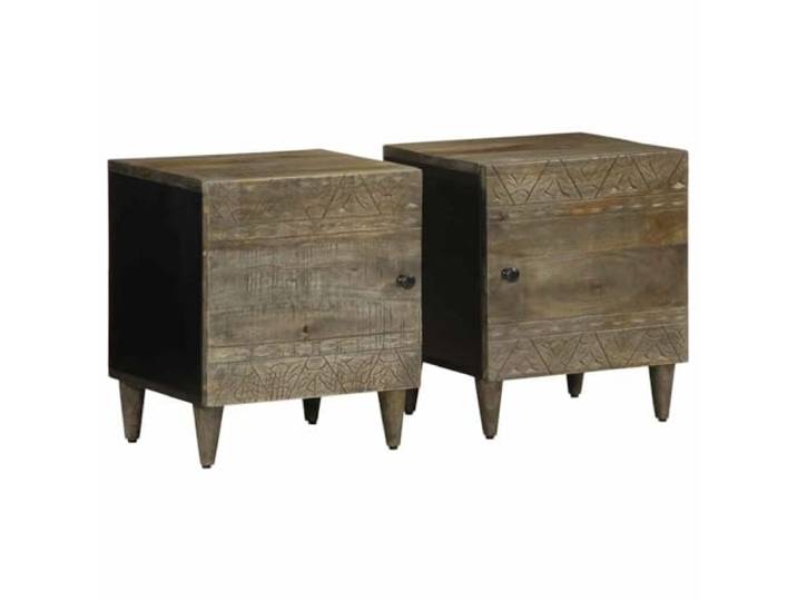 KDVXBCQJH Nachttisch 2er Set 40x33x46 cm Mango Massivholz Hellgrau Handgeschnitzte Fronten und schlanke Metallbeine veredeln jedes Schlafzimmer mit stilvoller Eleganz und Stauraum.