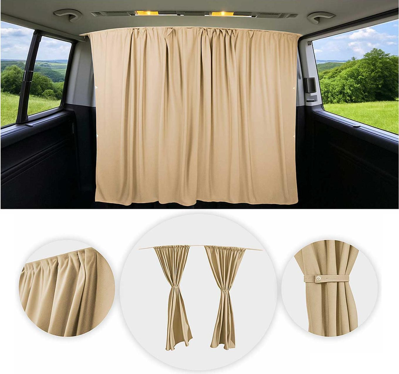 Omtec Maatwerk gordijnen voor VW Grand California H2, cabine en scheidingswand, beige